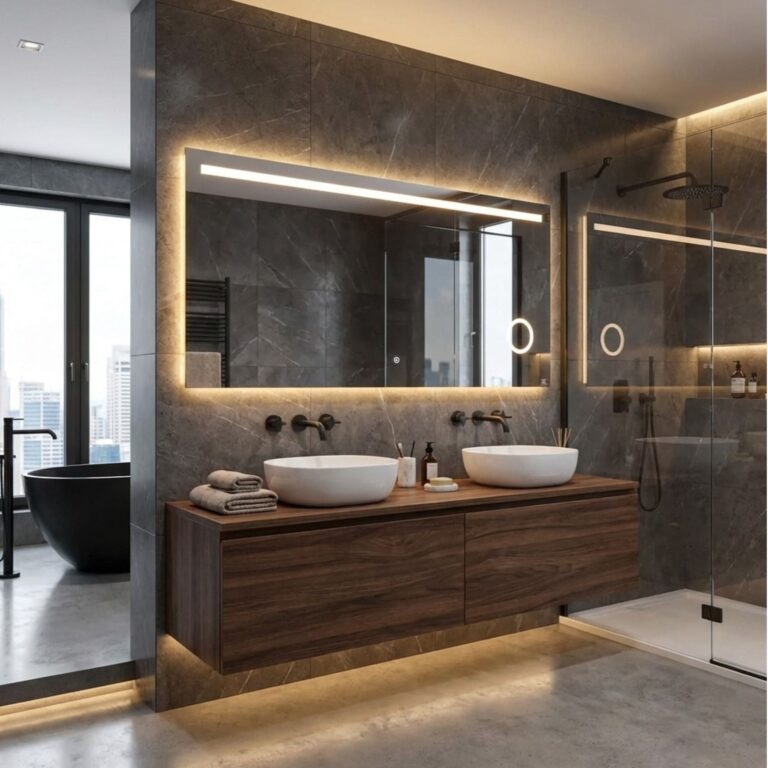 Badkamer met rechthoekige spiegel met ledstrip