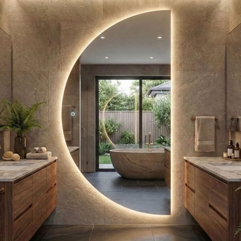 Badkamer met halfronde LED spiegel